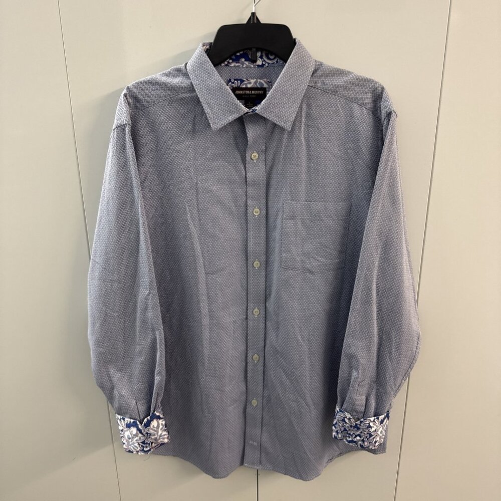 Johnston & Murphy Men’s Large Button Up Blue/Red Diamond Pin Dot Regular Fit NWT